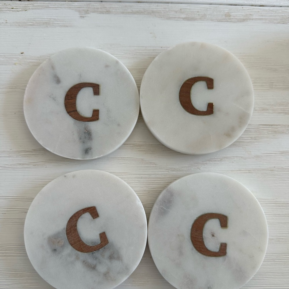 Marble Coasters with Wooden Initial - Set of 4